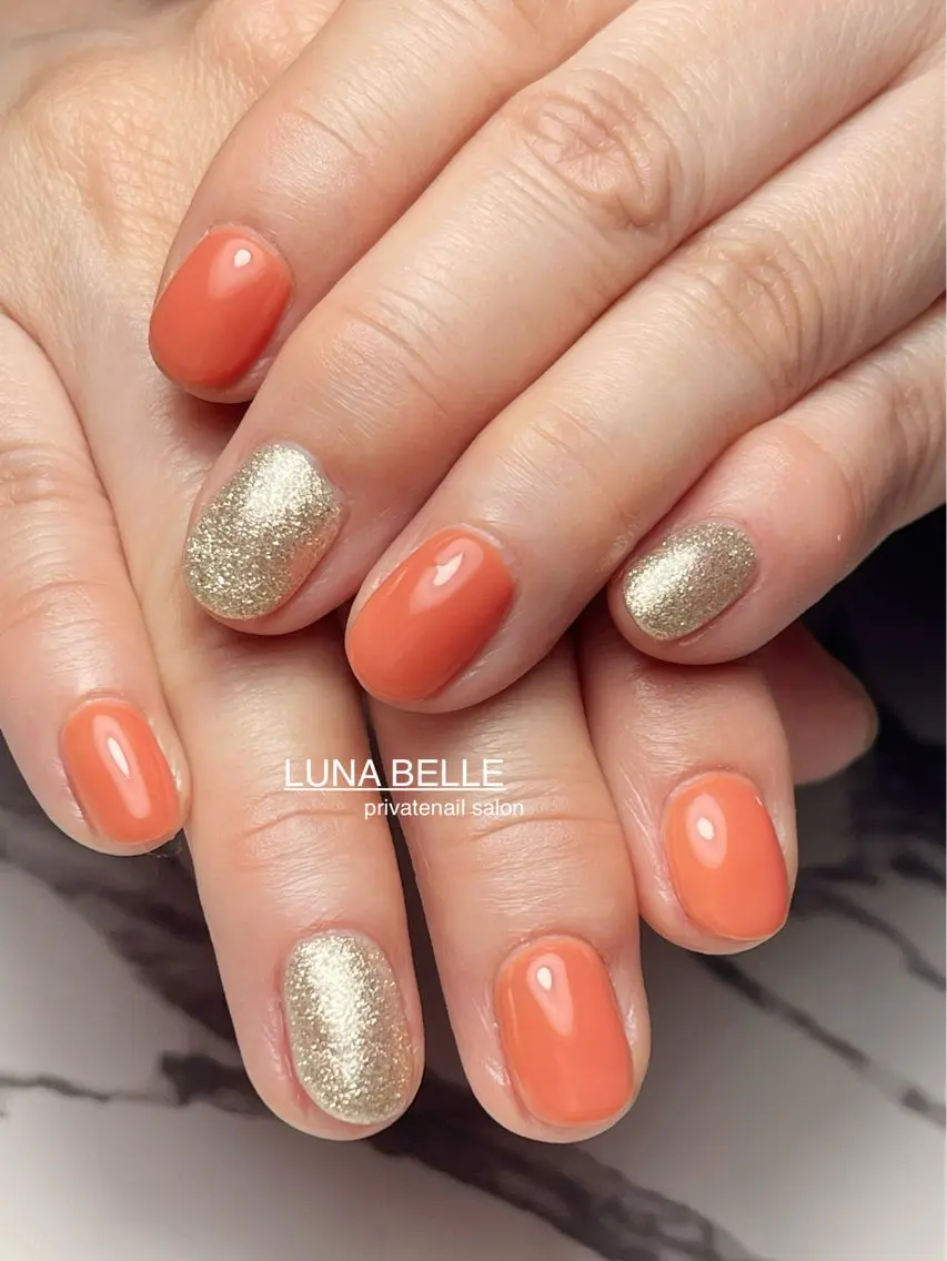 ネイル ラメ(グリッター) オレンジ ハンドネイル LUNA BELLEのネイルデザイン