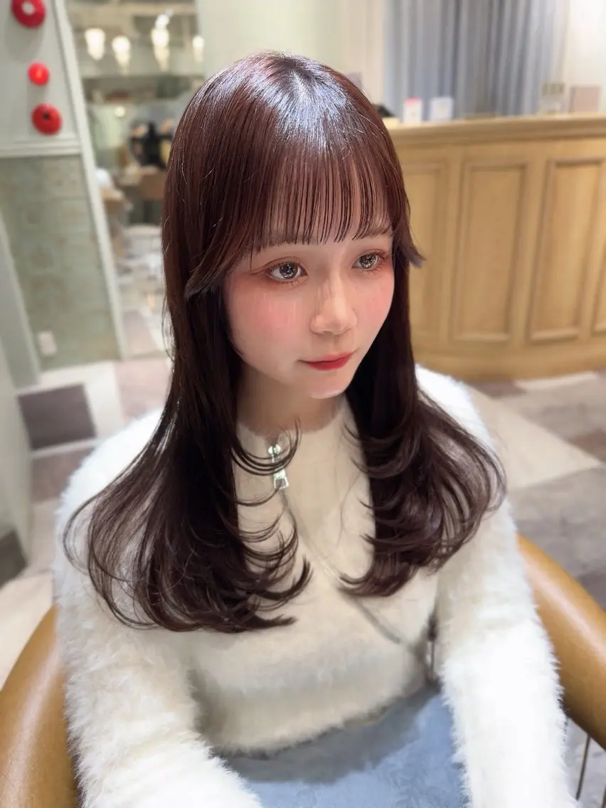 ロング カラー ベージュカラー 黒髪 ブリーチ ブルーカラー ブルーブラック カット ヘアカラー トリートメント 木屋元一/縮毛矯正 /前髪/レイヤーのヘアスタイル