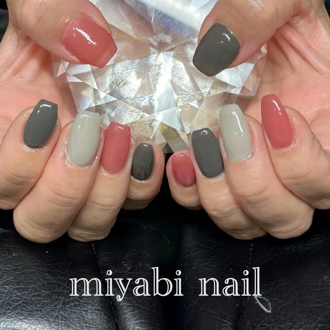 ネイル ピンク シンプルネイル スクエアネイル 冬ネイル ハンドネイル miyabi nail 桂川駅近くのネイルデザイン