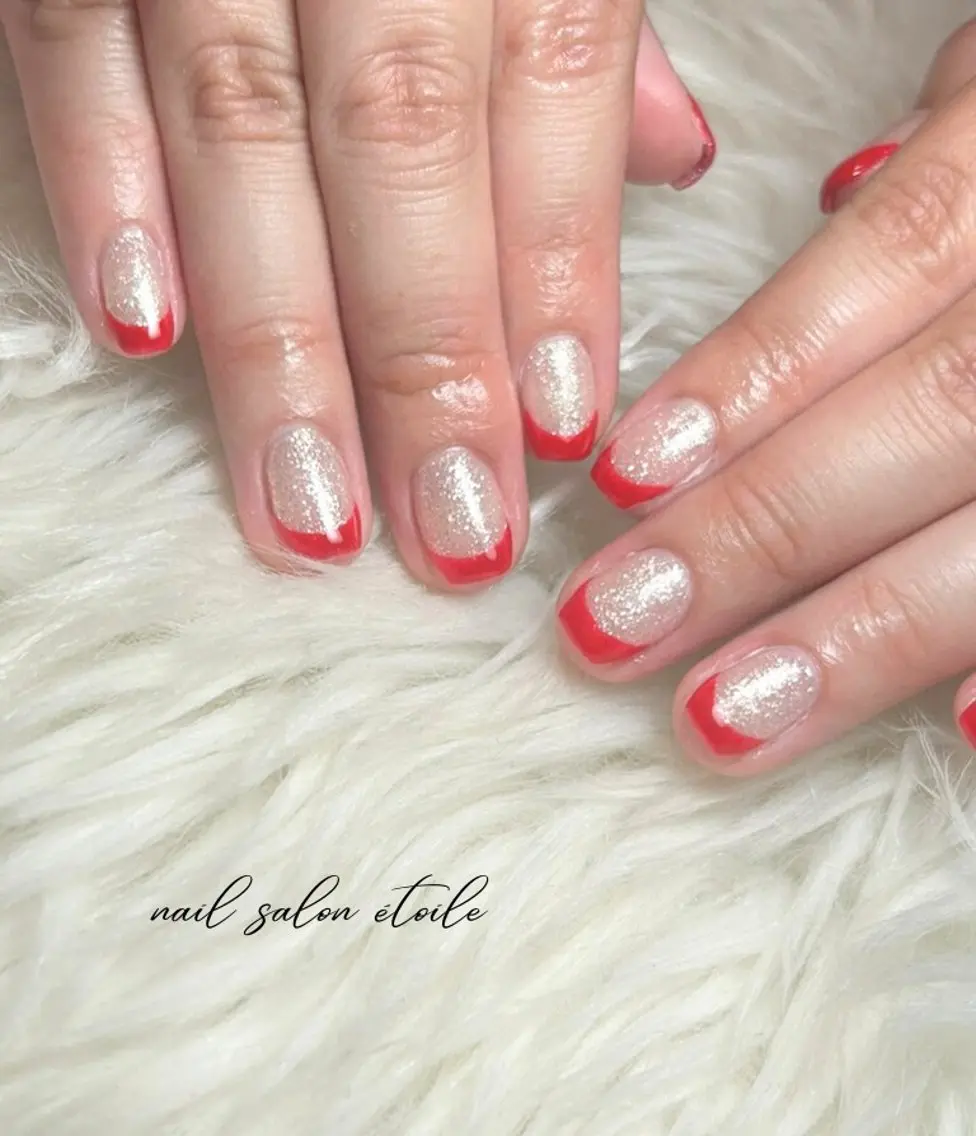 ネイル フレンチネイル ラメ(グリッター) 赤色 シンプルネイル ホワイト ハンドネイル nail salon étoileのネイルデザイン