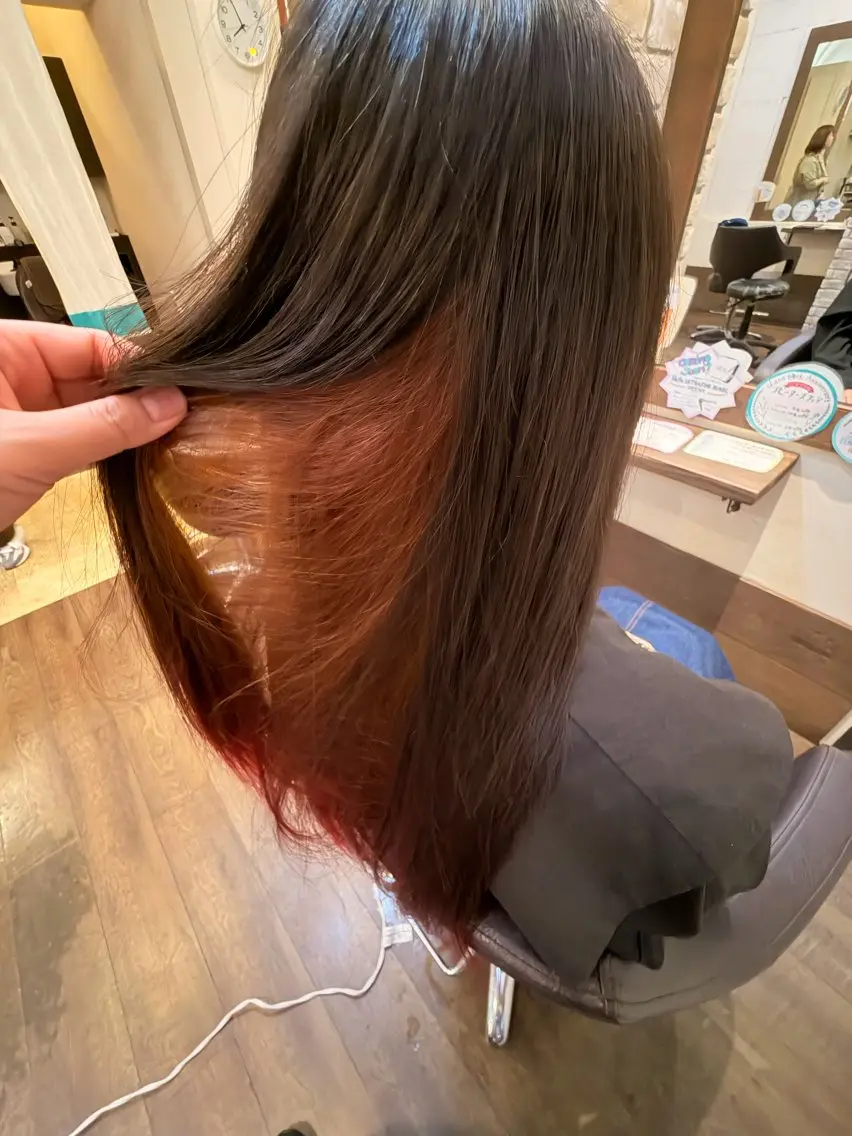 ロング カラー ブリーチ インナーカラー オレンジ オレンジピンク ピンクカラー ヘアカラー 楠元 皓介のヘアスタイル
