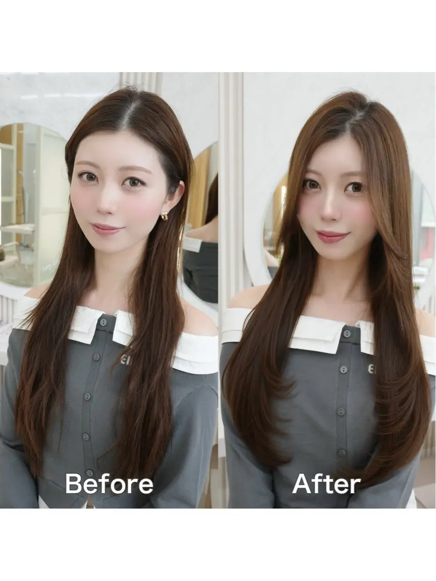 ロング カラー 顔周りカット ハイレイヤー 韓国風ヘア レイヤーカット ロング カット ヘアカラー トリートメント 小顔くびれヘア 顔まわり銀座/さやかのヘアスタイル