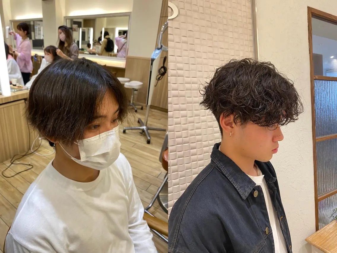 ミディアム パーマ ヘアアレンジ メンズ キッズ アイブロウ ミディアムパーマ センターパート メンズパーマ 波巻きパーマ 新宿メンズパーマ ヨモギダのヘアスタイル