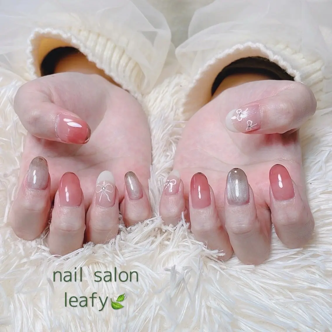 ネイル 持ち込み ニュアンスネイル リボン ネイルサロン leafyのネイルデザイン