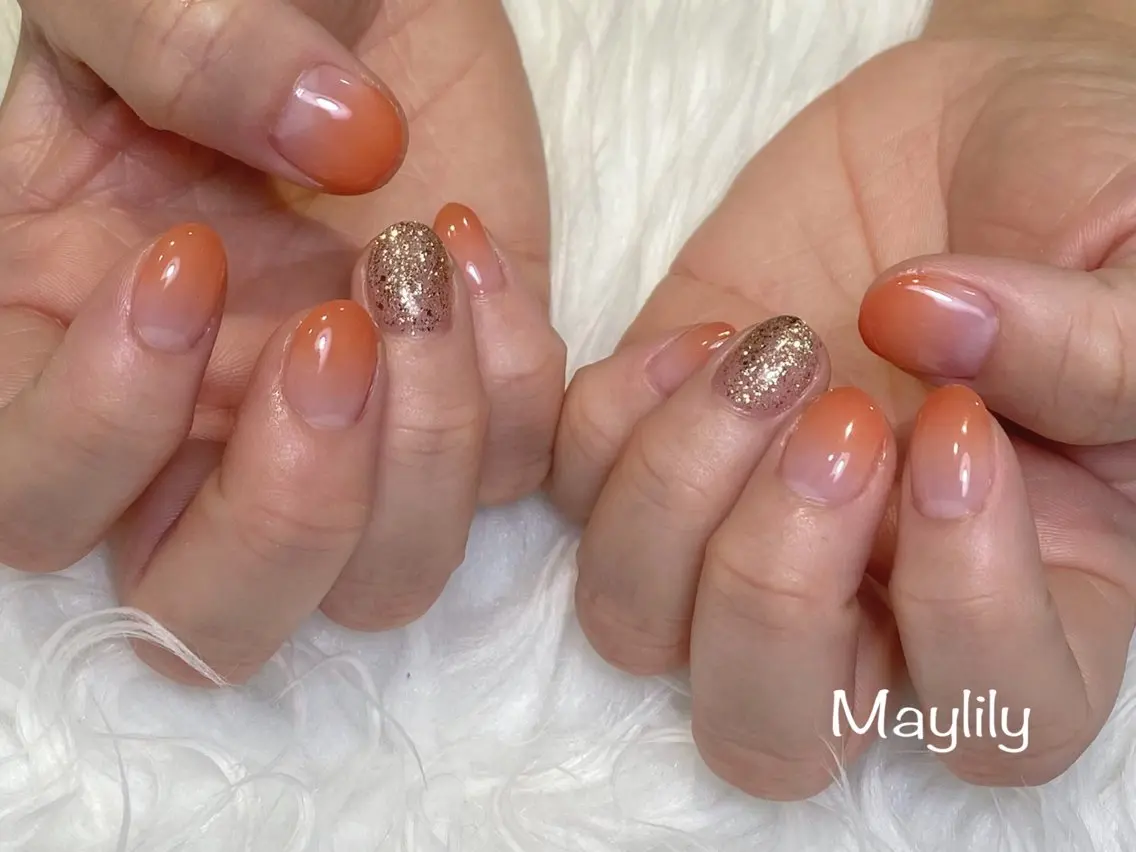 ネイル グラデーション ラメ(グリッター) オレンジ ハンドネイル Nail salon Maylilyのネイルデザイン