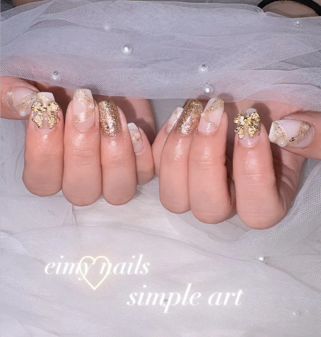 ネイル アートネイル ゴールド ラメ(グリッター) ワンカラーネイル リボン ハンドネイル eimy nails♡のネイルデザイン