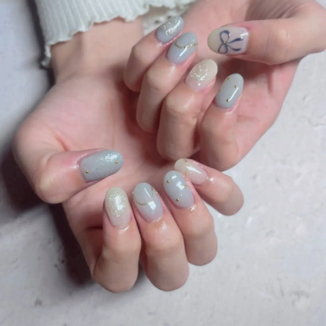 ネイル ブルー リボン ハンドネイル nail patio 新越谷 yukiのネイルデザイン