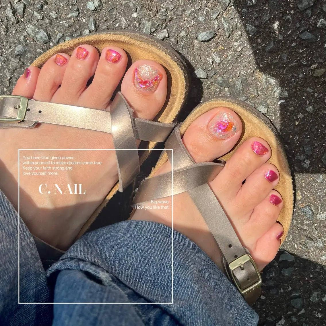 ネイル フットネイル グラデーション グリーン ハート 水色 C.Nail &Eyeのネイルデザイン