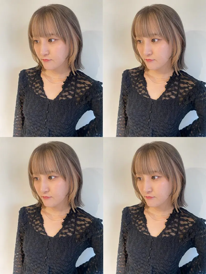 ミディアム カラー ミストバング ベージュカラー ブリーチ フェイスフレーミング グレージュ カット ヘアカラー トリートメント fier_umeda 梨花 rifaのヘアスタイル