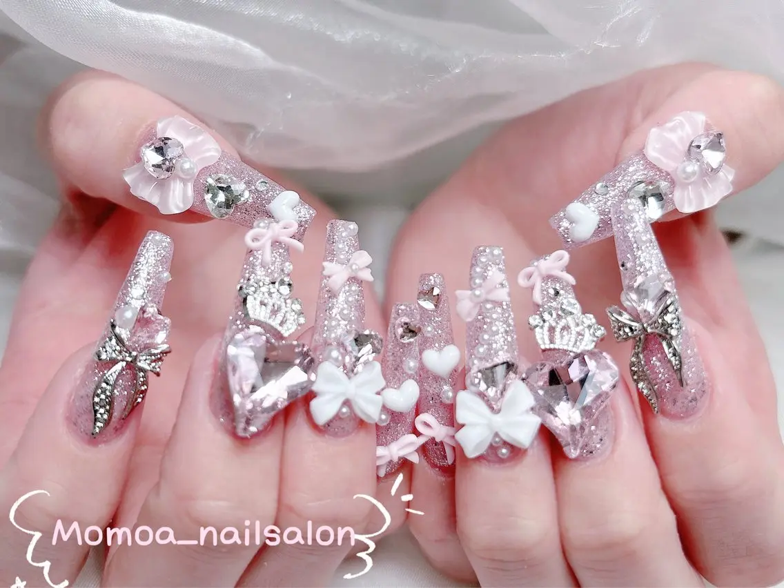 ネイル 成人式 ロングネイル マグネットネイル 大理石ネイル(マーブル) 持ち込み ハンドネイル MoMoA Nail ネイル長さ出し専門店のネイルデザイン