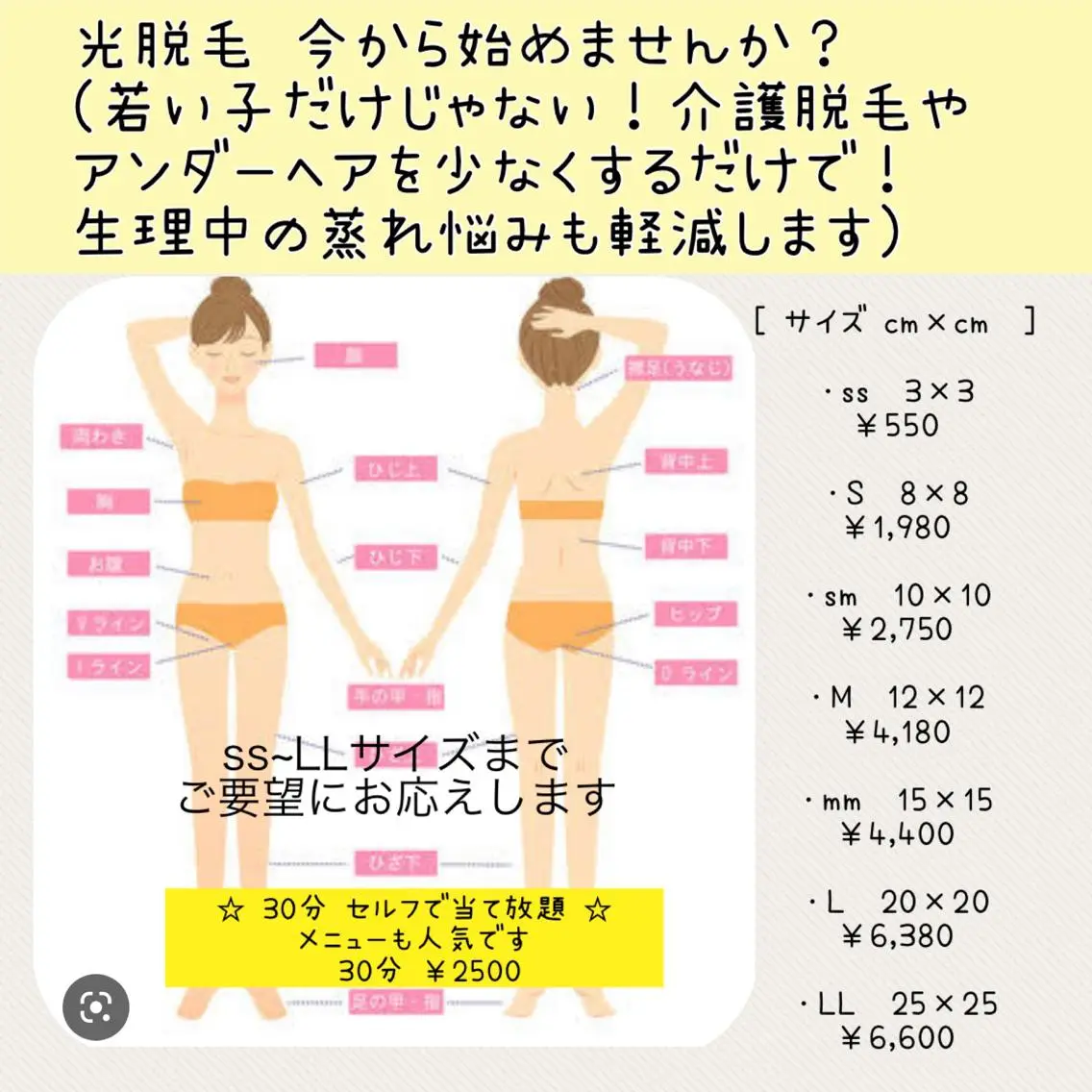 光脱毛 Lパーツ ひじ下/上.膝下/上.胸.お腹.肩.背中下/下.ヒップなどの写真