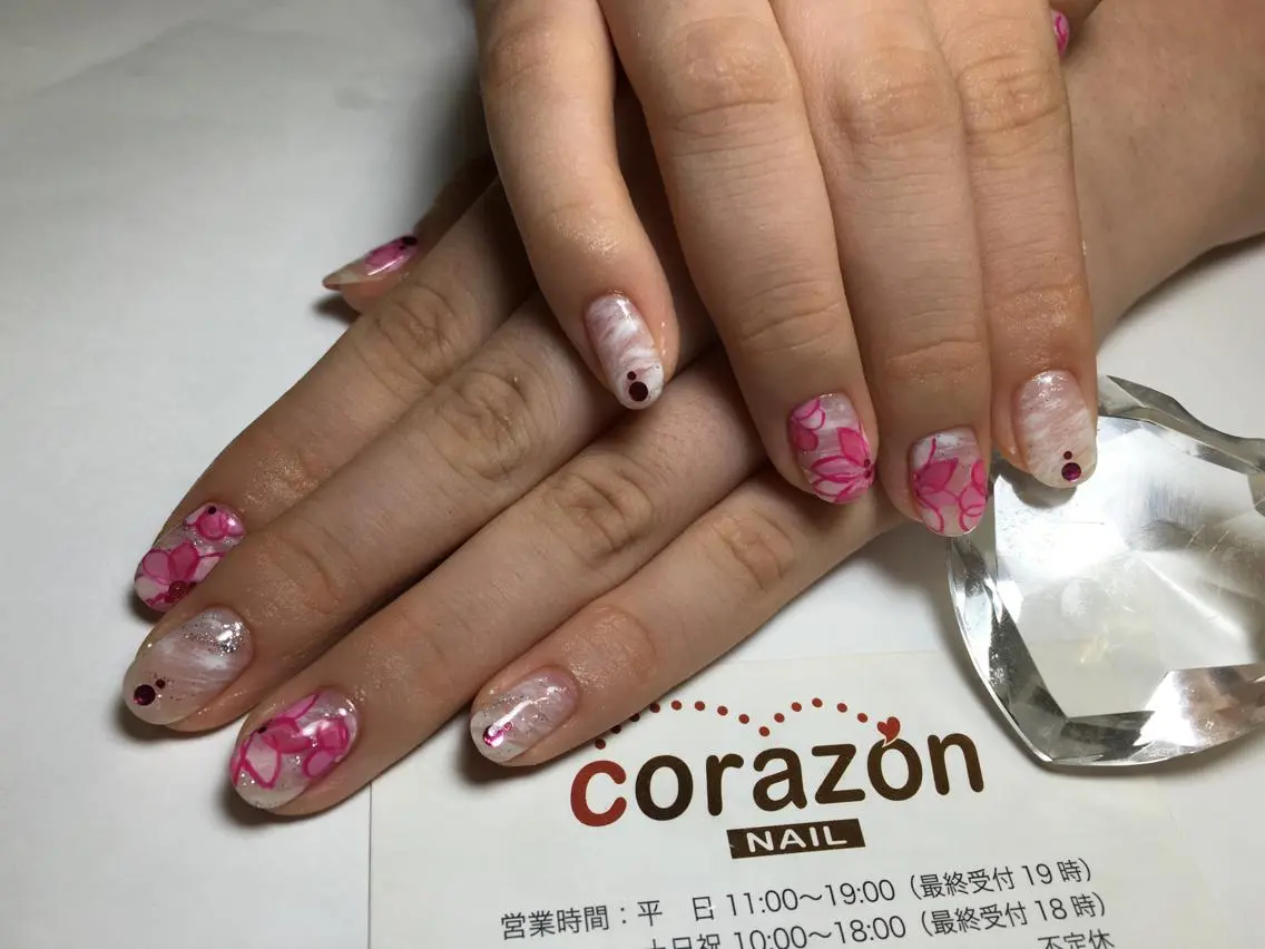 ネイル アートネイル クリアネイル 大理石ネイル(マーブル) ピンク ホワイト ネイリスト aicoのネイルデザイン