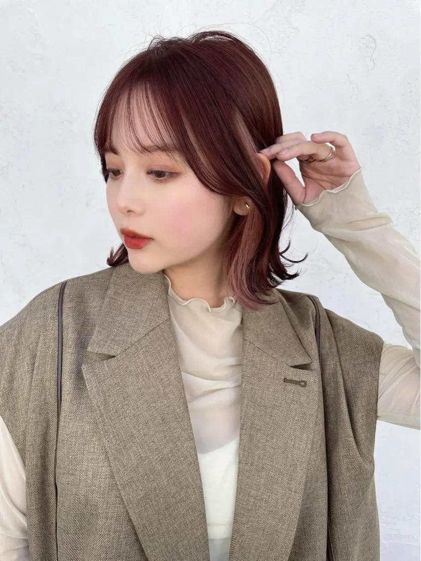 ミディアム カラー パーマ 結べるレイヤーボブ くびれLady表参道のヘアスタイル