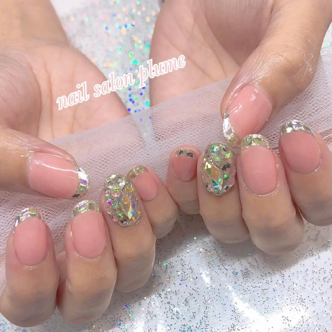 ネイル アートネイル フレンチネイル ガラスフレンチ ハート キラキラネイル plume nail ☆韓国ネイルのネイルデザイン