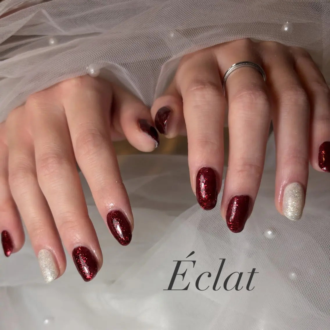 ネイル ラメ(グリッター) ワンカラーネイル 冬ネイル クリスマス ハンドネイル nail salon Éclatのネイルデザイン