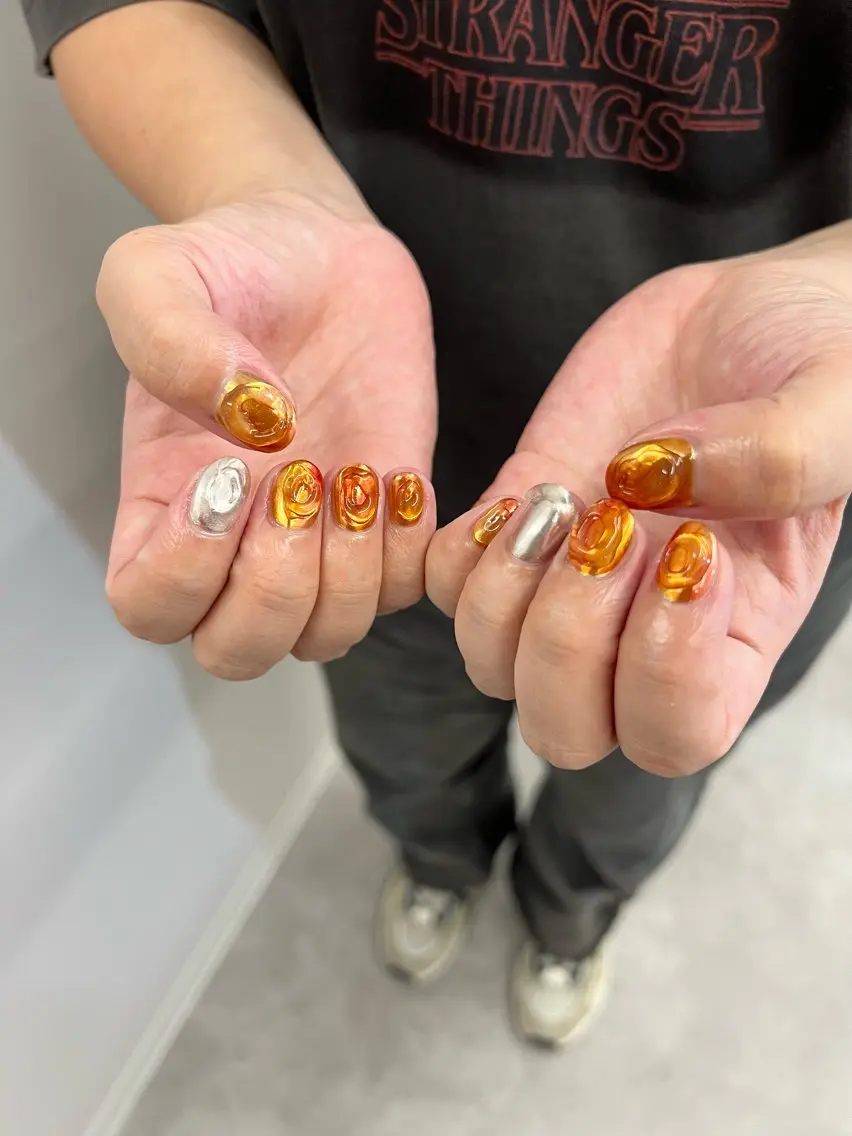 ネイル ジェルネイル 韓国ネイル マグネットネイル ニュアンスネイル オレンジ ハンドネイル ハンドケア Bana_ Nailのネイルデザイン