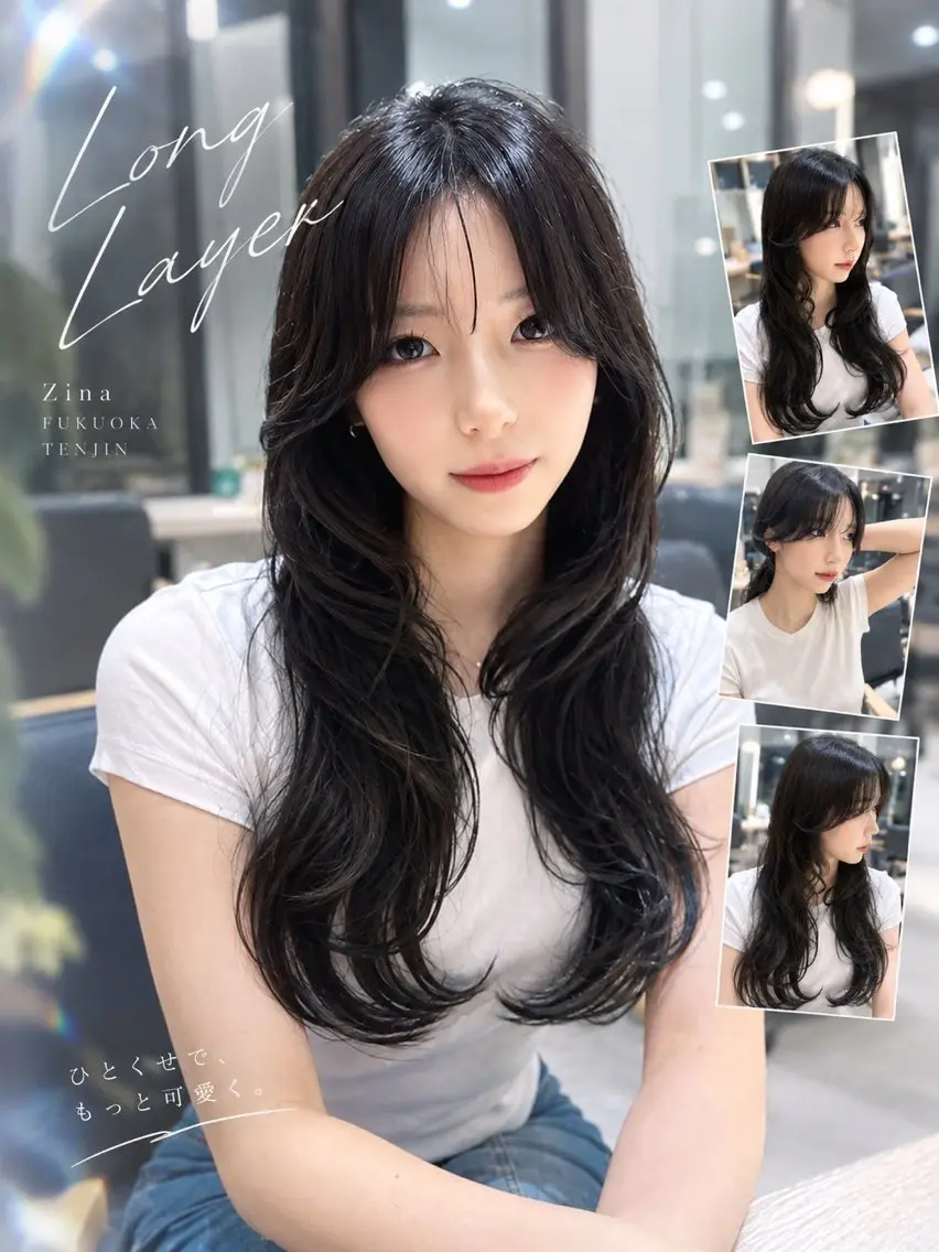 ロング カラー くびれヘア 顔周りカット 髪質改善 韓国風ヘア レイヤーカット カット ヘアカラー トリートメント 韓国🇰🇷レイヤー 映える顔周り🩷のヘアスタイル