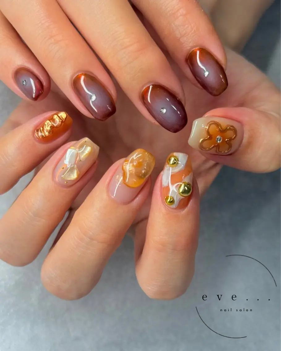 ネイル ブラウン オレンジ 夏ネイル ハンドネイル nail salon eve...のネイルデザイン