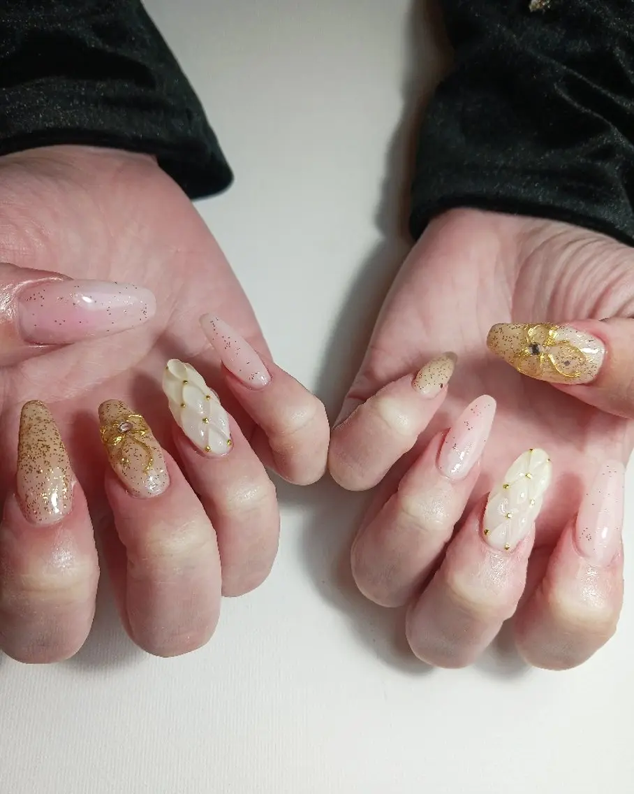 ネイル ジェルネイル ラメ(グリッター) 持ち込み リボン 冬ネイル ハンドネイル owlnail /持込みデザイン専門のネイルデザイン