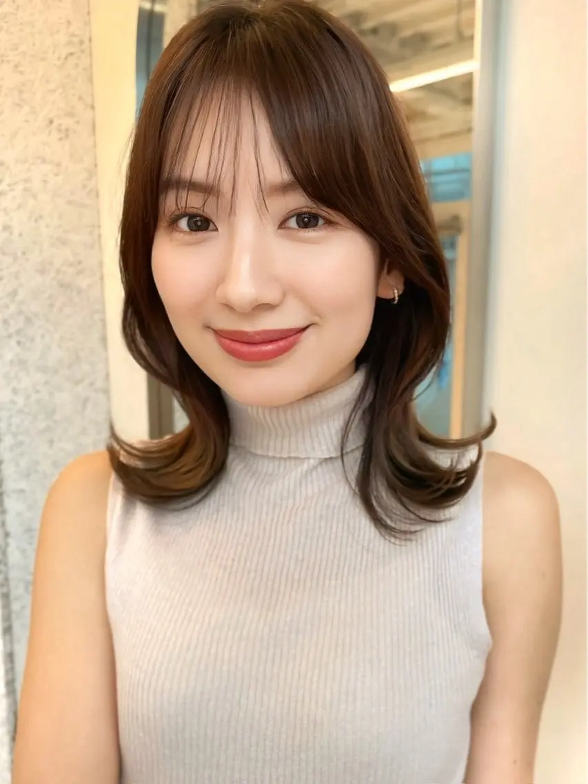 ミディアム カット ヘアカラー トリートメント 縮毛矯正/小顔前髪 ボブ 秋本凌汰のヘアスタイル