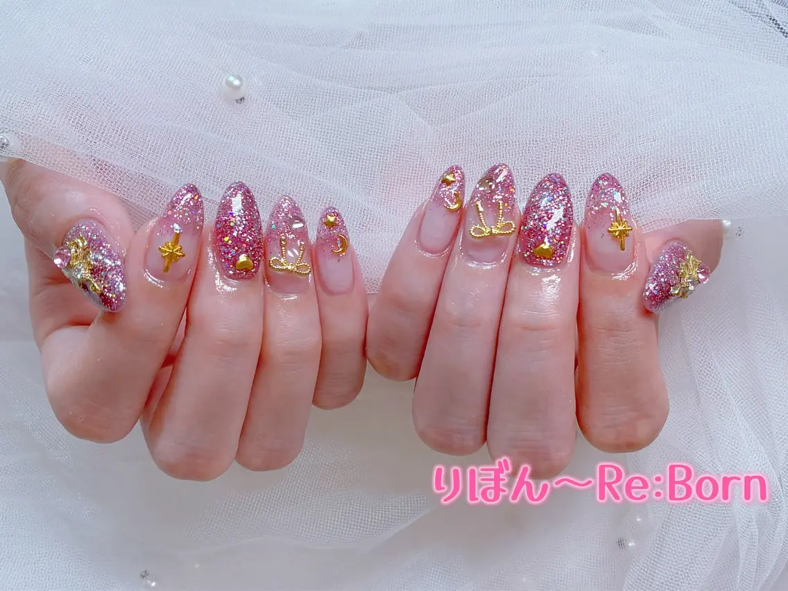ミディアム 韓国風ヘア ハンドネイル りぼん Re:Bonrのネイルデザイン
