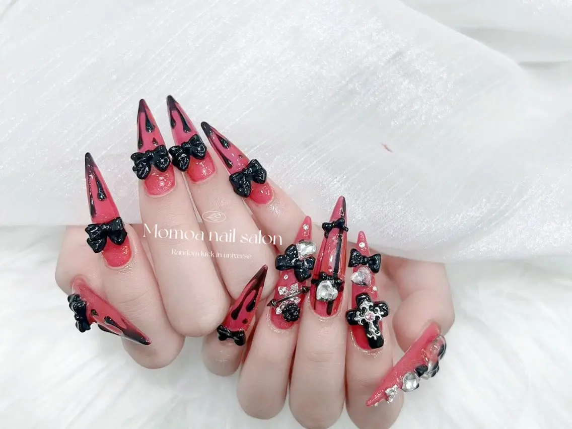 ネイル 成人式 大理石ネイル(マーブル) リボン 夏ネイル ネイルチップ ハンドネイル MoMoA Nail ネイル長さ出し専門店のネイルデザイン