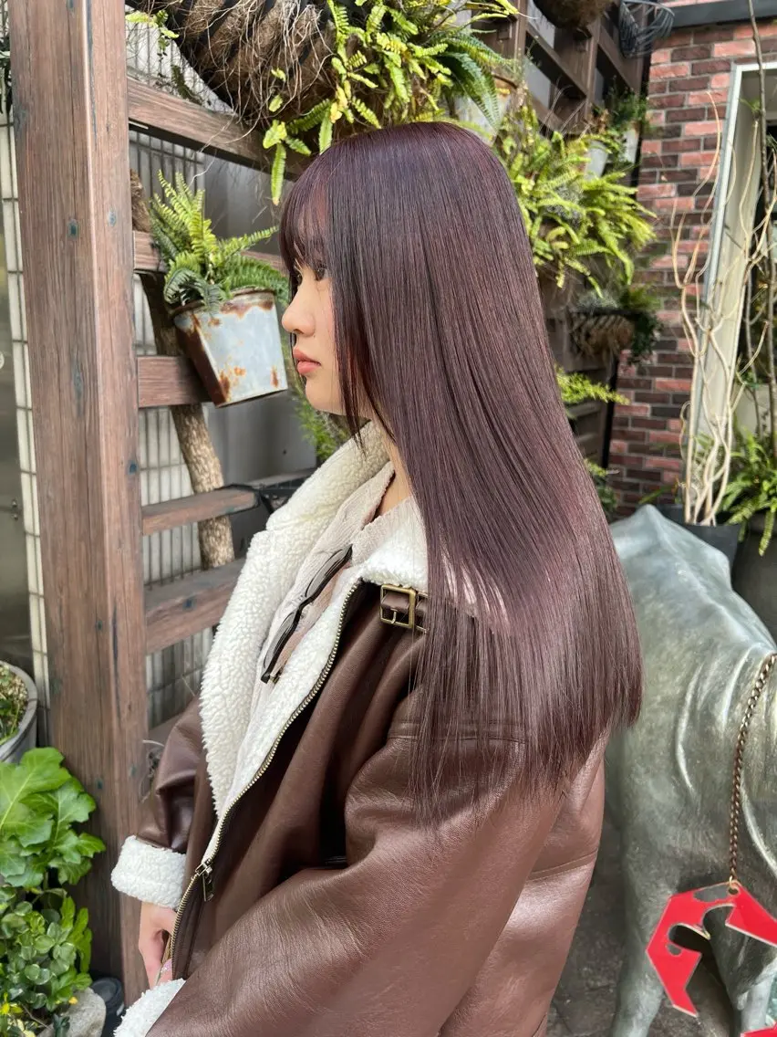 ロング ピンクラベンダー 似合わせレイヤー ＆縮毛矯正のヘアスタイル