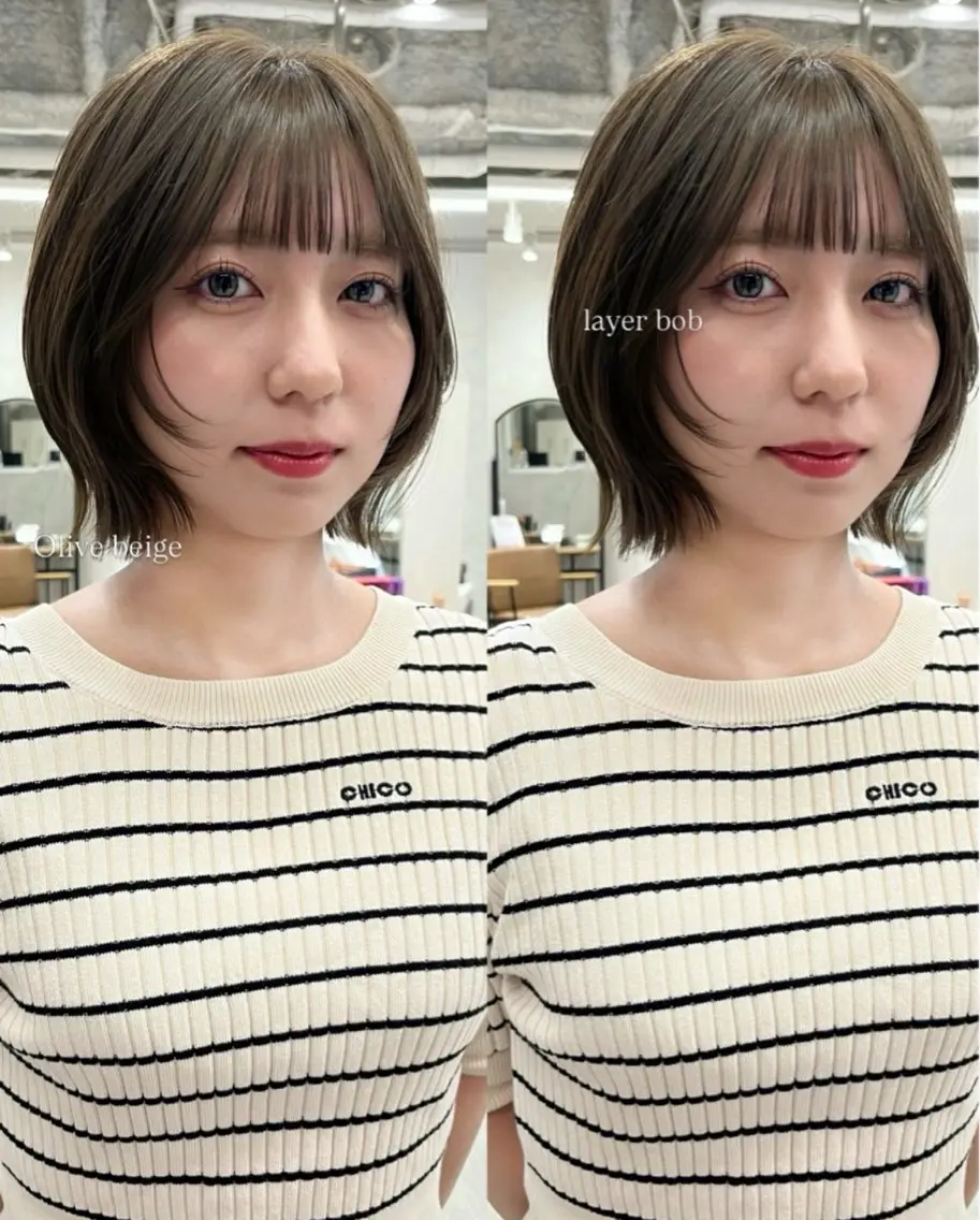 ショート カラー ベージュカラー 透明感カラー オリーブベージュ ボブ 顔まわりレイヤー カット ヘアカラー トリートメント ヘッドスパ 梅田♡顔周りレイヤー /透明感カラー/未来のヘアスタイル