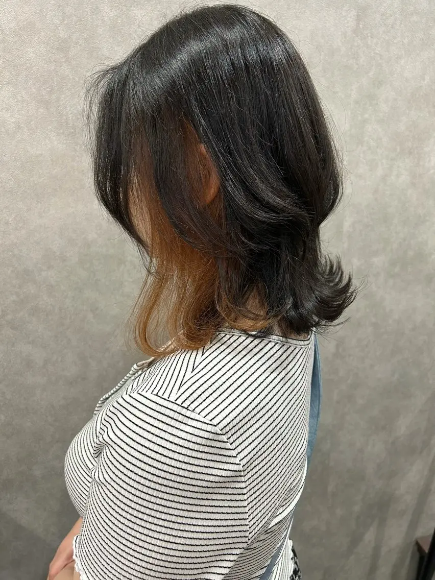 ミディアム カラー 黒髪 ブラウンカラー オレンジ オレンジブラウン ヘアカラー トリートメント ミルクティー職人× HIROSEのヘアスタイル