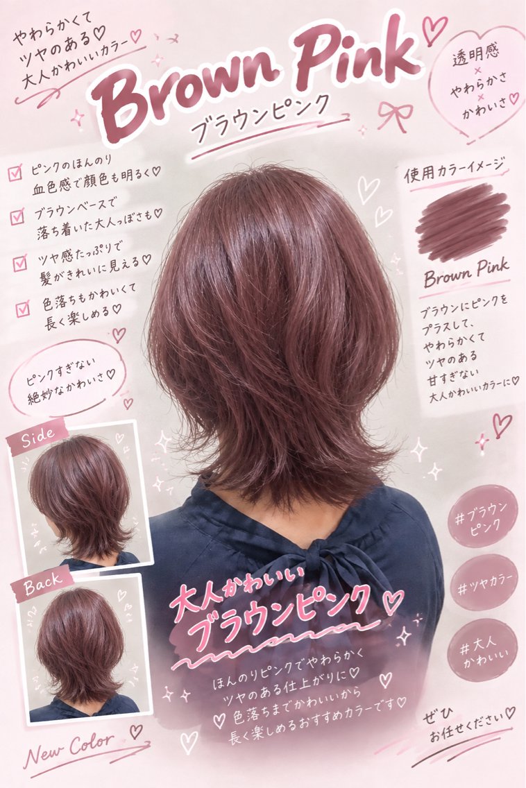 ミディアム カラー ブラウンカラー ピンクカラー ピンクブラウン 🫧おおにし みか🫧のヘアスタイル