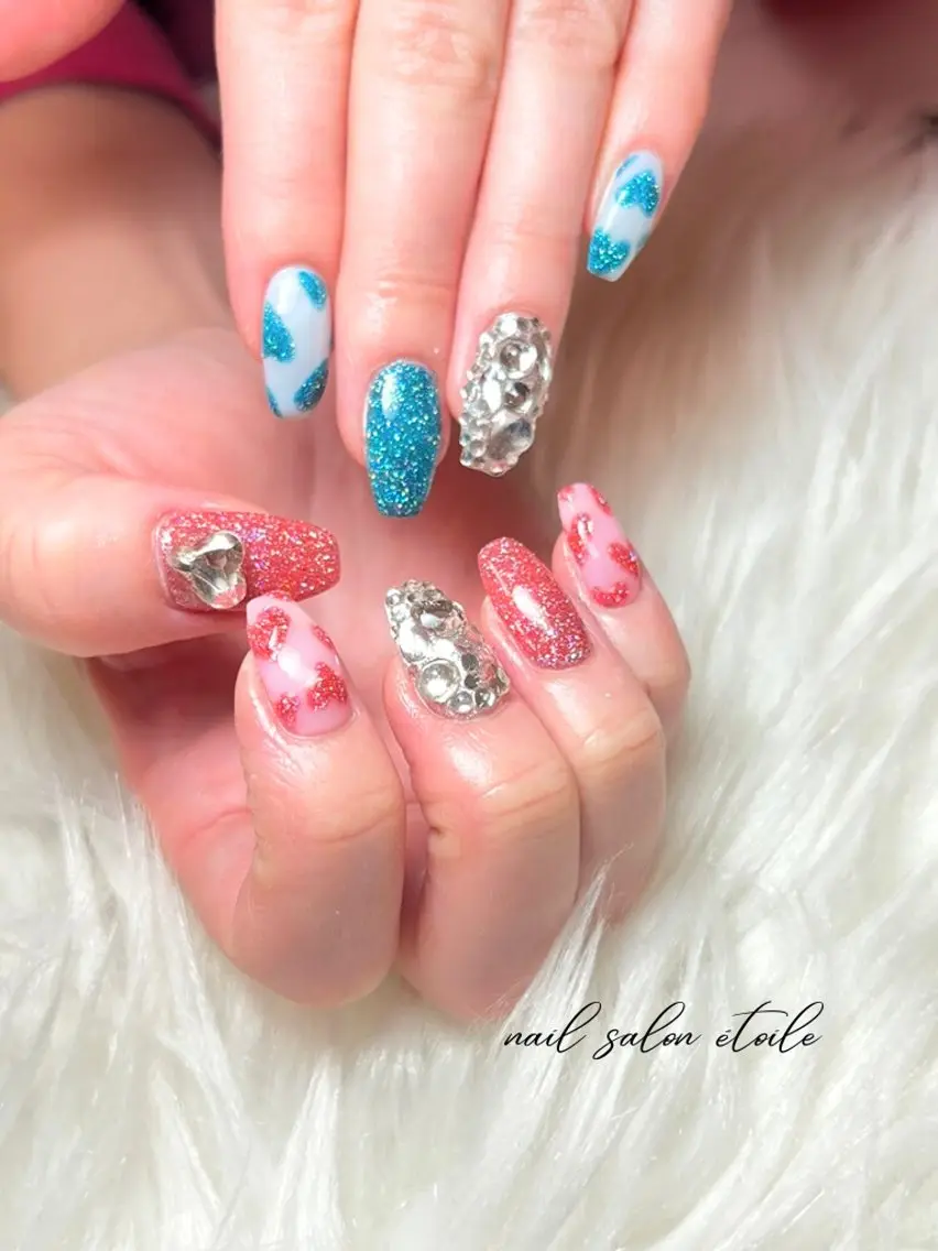 ネイル ブルー フラッシュネイル ハート キラキラネイル ピンク ハンドネイル nail salon étoileのネイルデザイン