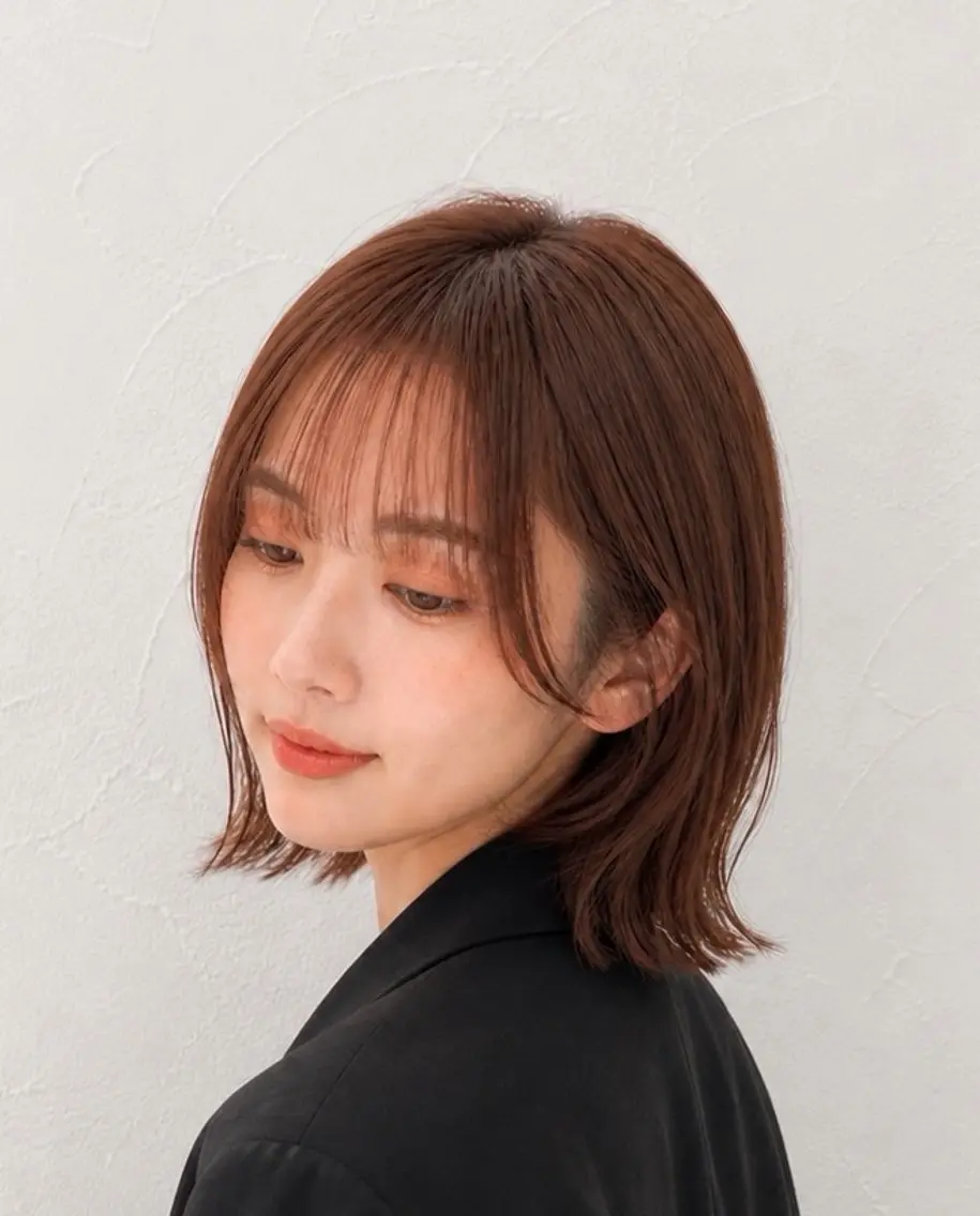 ミディアム オレンジブラウン ボブ 外ハネヘア カット ヘアカラー 髪質改善/レイヤー/ 佐藤　舞のヘアスタイル