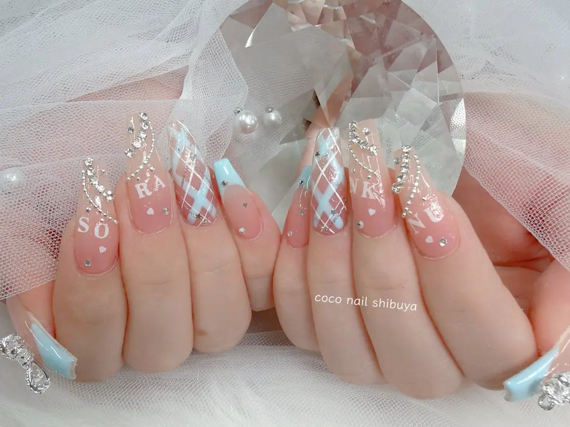 ネイル 成人式 大理石ネイル(マーブル) リボン 夏ネイル ネイルチップ ハンドネイル CoCo Nail 長さ出し専門店のネイルデザイン