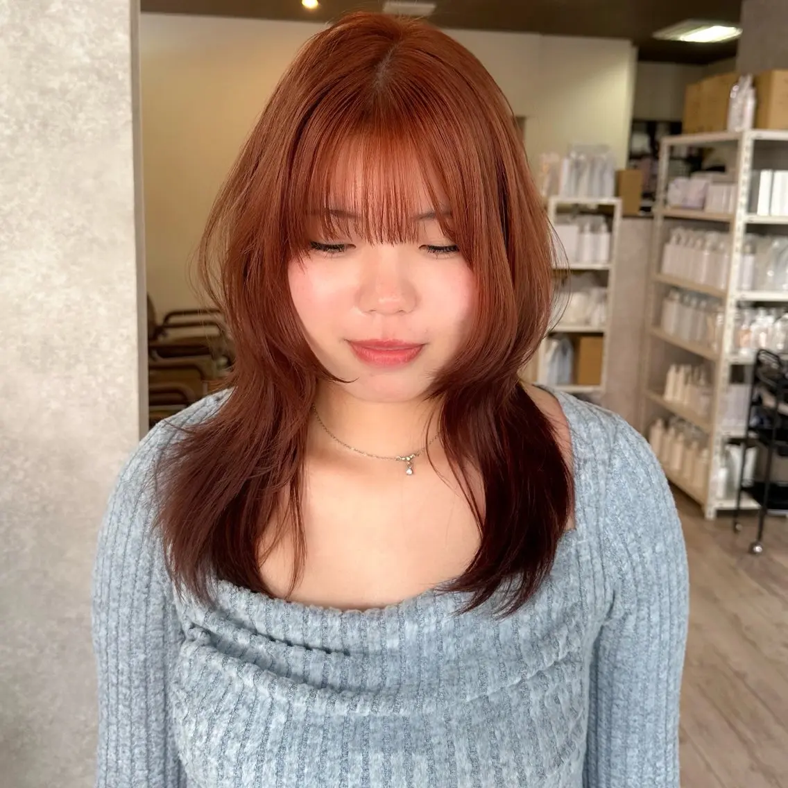セミロング カラー ブリーチ オレンジ レイヤーカット カット ヘアカラー トリートメント レイヤー/高橋 みく /池下/千種のヘアスタイル