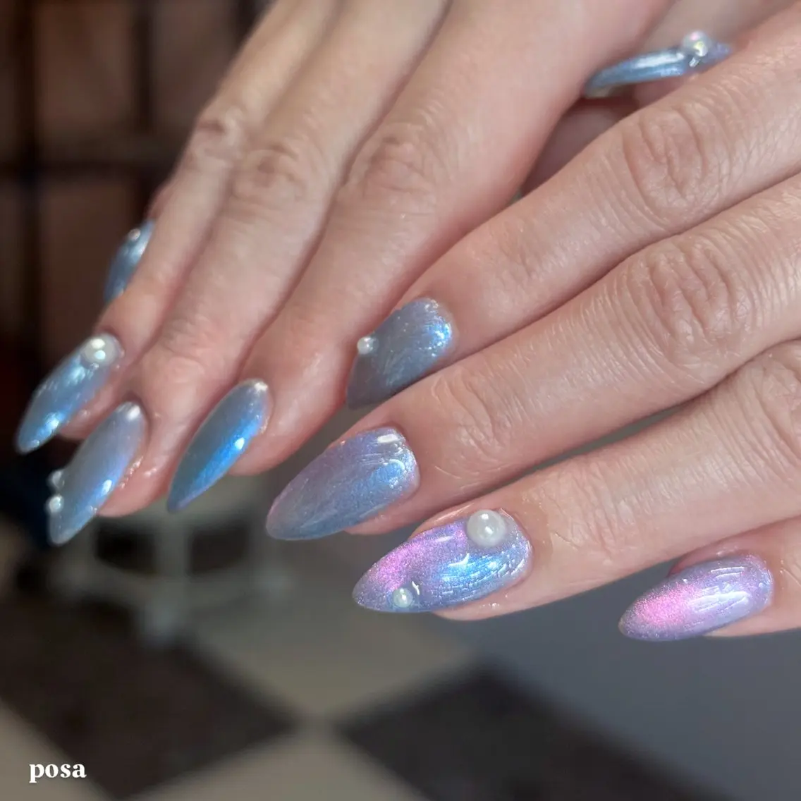 ネイル クリアネイル 水色 マグネットネイル シンプルネイル ハンドネイル posa nail モエミのネイルデザイン