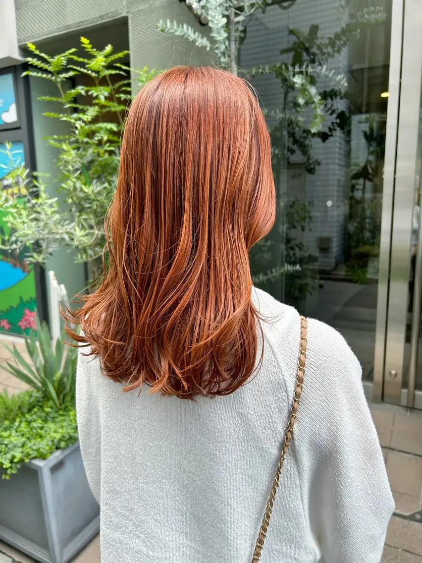 セミロング カラー ブラウンカラー オレンジ オレンジブラウン カット ヘアカラー トリートメント HIROKI ”博多 /ボブのヘアスタイル
