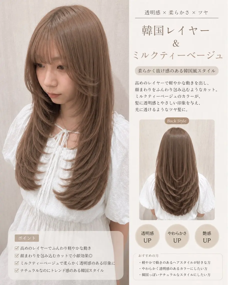ロング 顔まわりレイヤー 韓国風ヘア レイヤーカット ロング 小顔カット カット ヘアカラー トリートメント 店長✨レイヤー✖️ 髪質改善✖️韓国ヘアのヘアスタイル