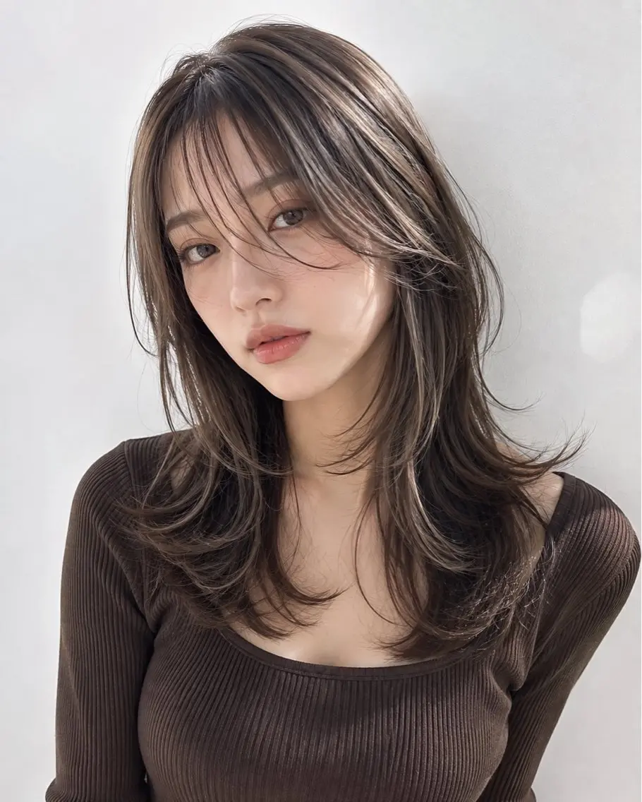 セミロング カラー ベージュカラー 透明感カラー くびれヘア 顔まわりレイヤー 韓国風ヘア カット ヘアカラー トリートメント 銀座/ハイレイヤー/ 艶髪カラー/田中颯士のヘアスタイル