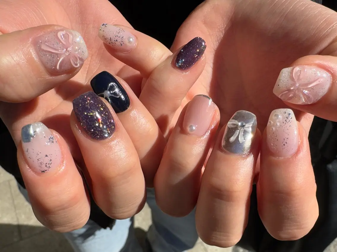 ネイル フラッシュネイル 韓国ネイル マグネットネイル リボン ワンホンネイル MH_ Nailのネイルデザイン