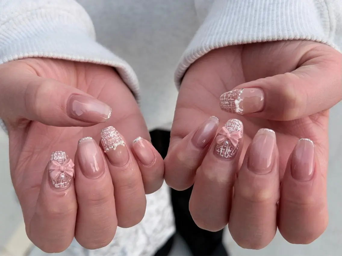 ネイル マグネットネイル リボン ツイードネイル ハンドネイル nayu nailのネイルデザイン