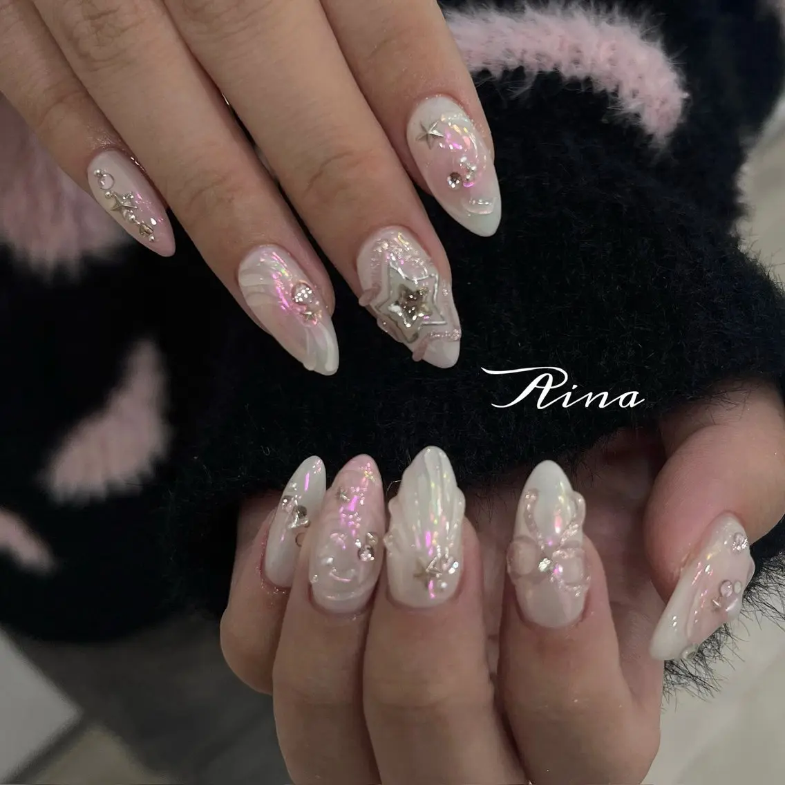 ネイル アートネイル ハート ピンク リボン ホワイト ハンドネイル moca心斎橋店 Aina🐈‍⬛🤍のネイルデザイン