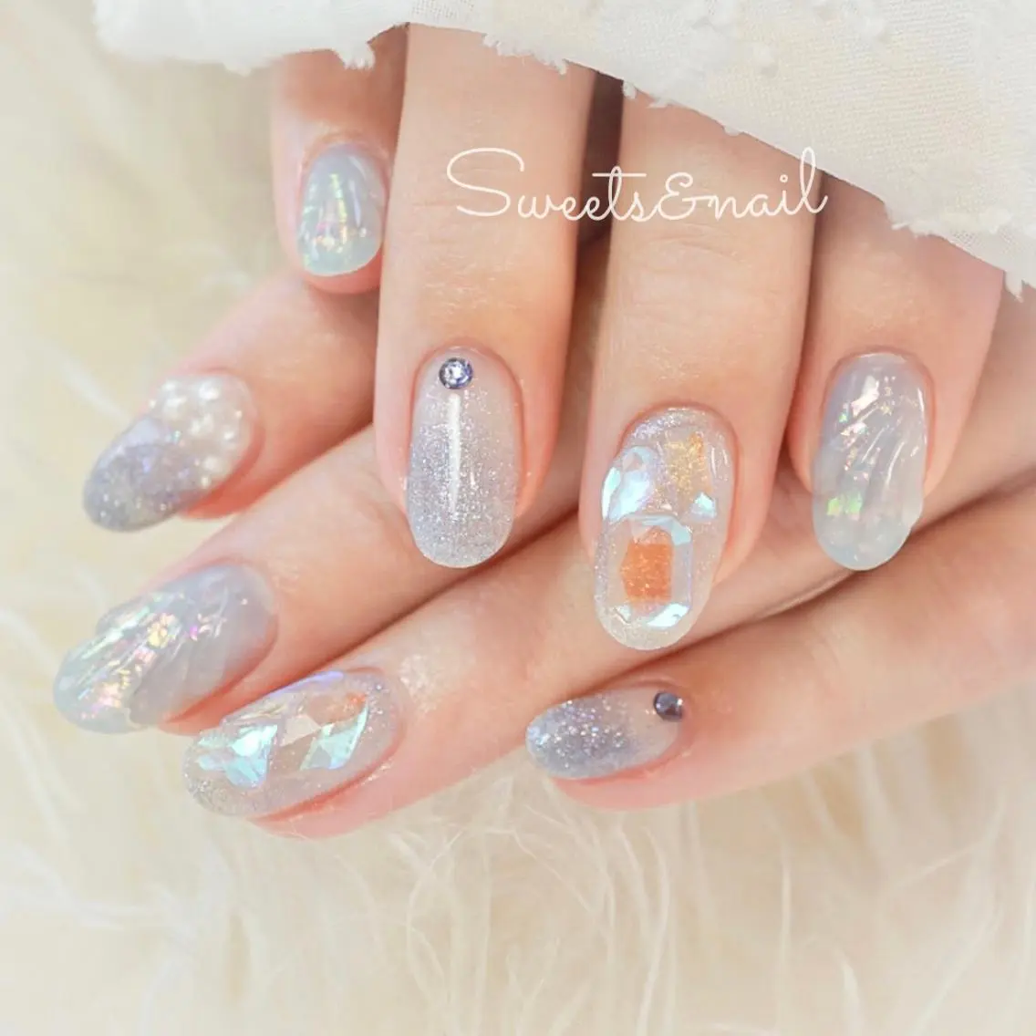 ネイル オーロラネイル ブルー クリアネイル フラッシュネイル ハート Sweets& nail みなこのネイルデザイン