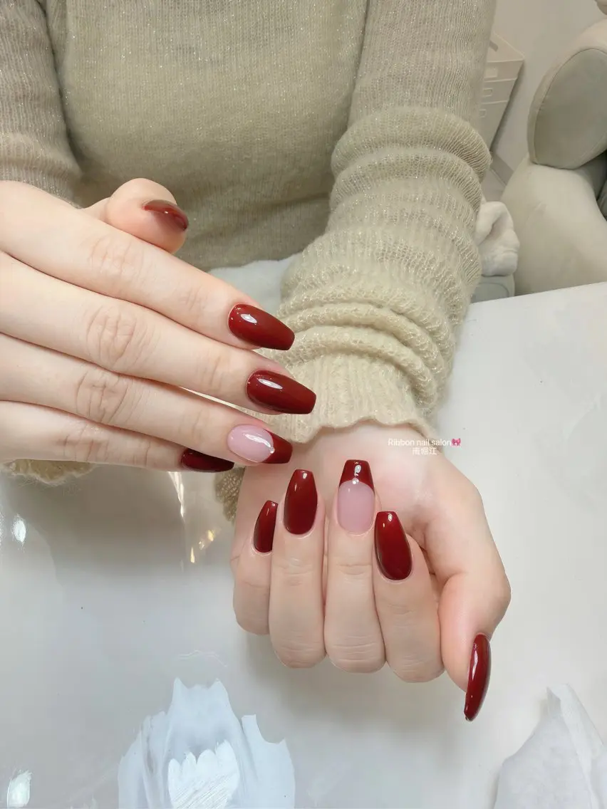 ネイル ボルドー 冬ネイル ハンドネイル RibbonNail 南堀江のネイルデザイン