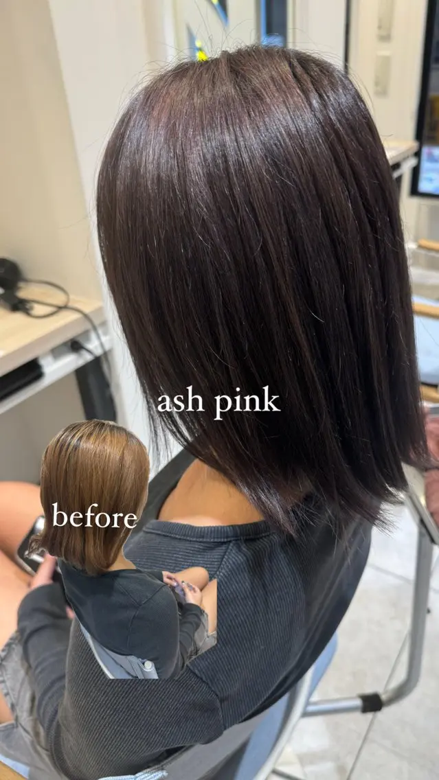 ミディアム カラー アッシュ ブリーチ 透明感カラー ピンクカラー レイヤーカット Y2K/𝓡𝓲𝓷のヘアスタイル