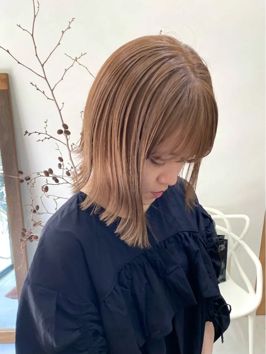 ミディアム カラー ヘアアレンジ ブリーチ ダブルカラー ブリーチなしカラー ボブ カット ヘアカラー トリートメント ハル🌸柔色/ ブリーチなし/艶髪のヘアスタイル