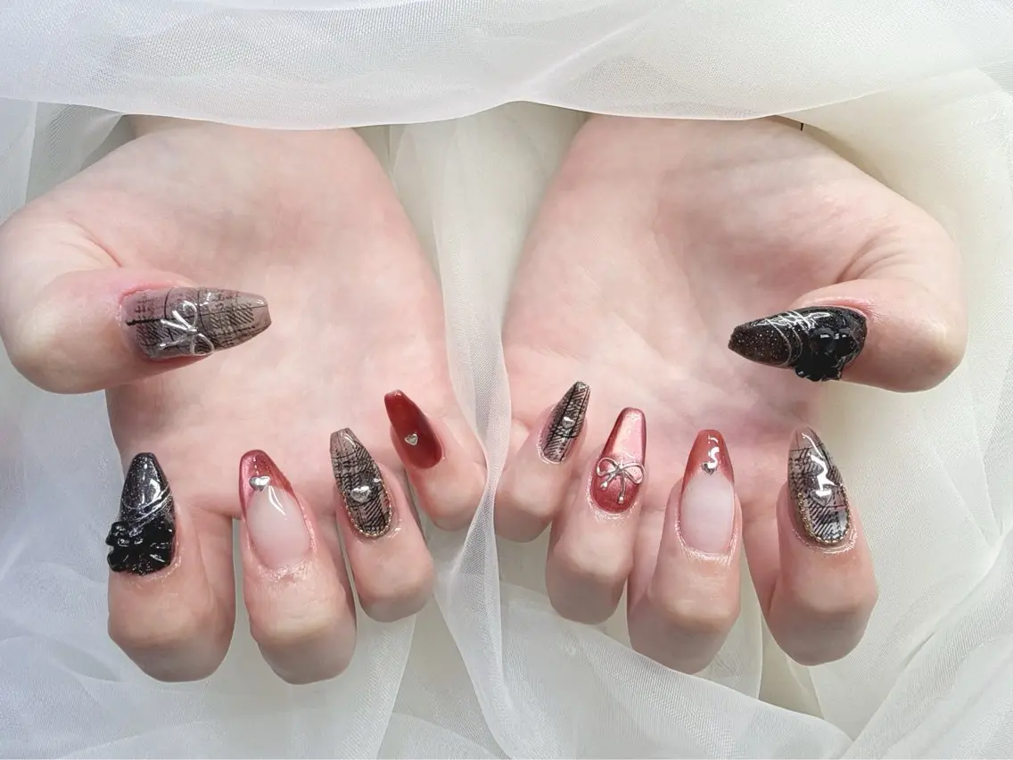 ネイル ボルドー ハート 韓国ネイル リボン ハンドネイル ハンドケア NailSalon✨ Écrinエクランのネイルデザイン