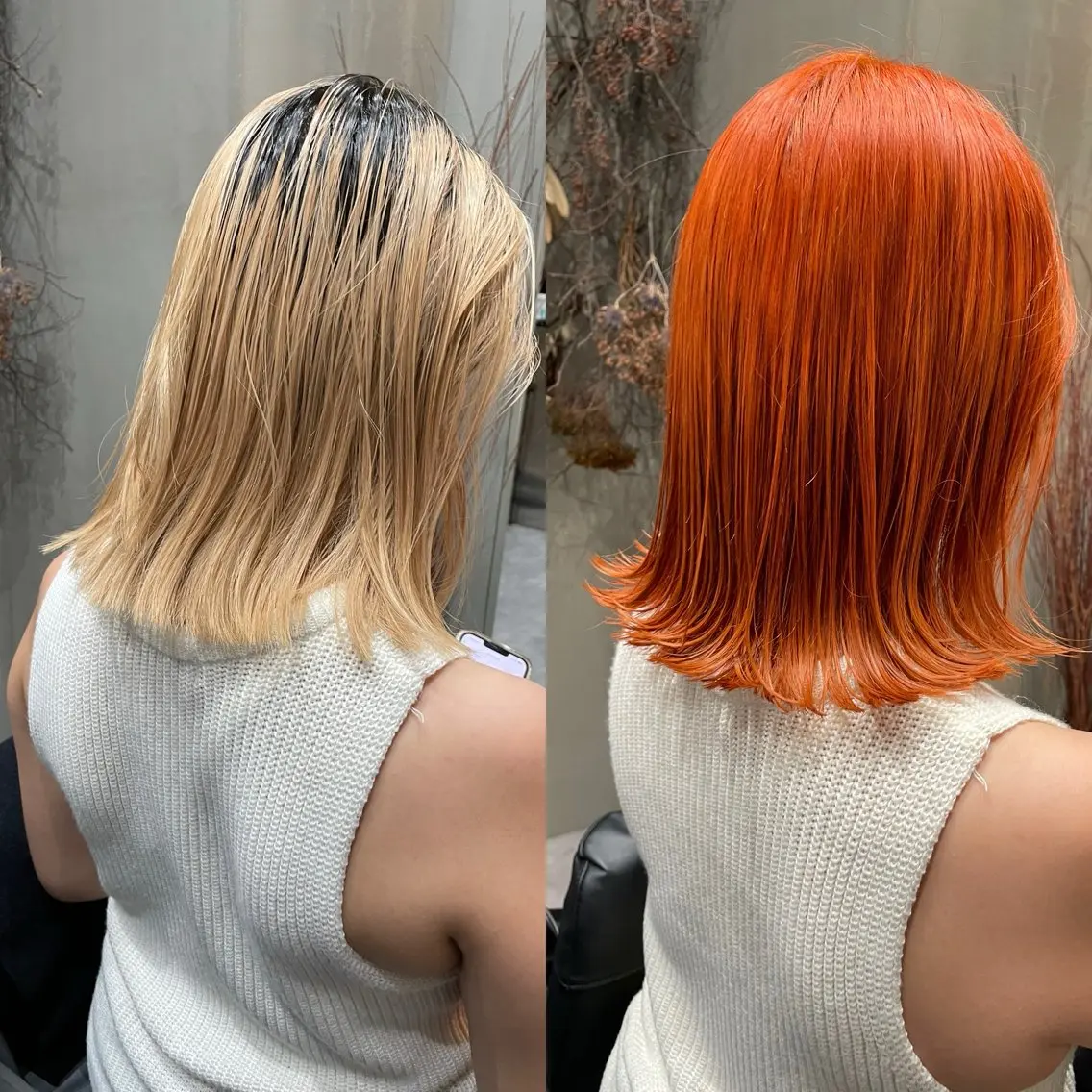 ミディアム カラー ブリーチ オレンジ ボブ 外ハネヘア ヘアカラー トリートメント 表参道/個室シェア サロン/中山優介のヘアスタイル