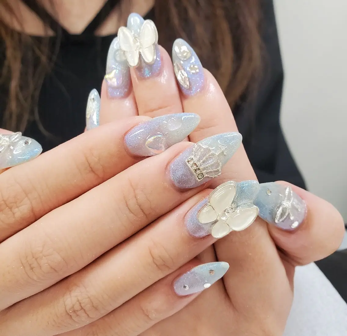 ネイル ブルー ハート 水色 マグネットネイル リボン ハンドネイル Nail 🌱TSUBASAのネイルデザイン