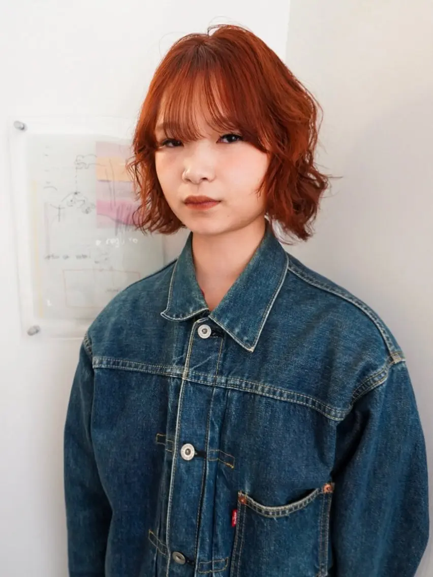 ミディアム カラー パーマ ミディアムパーマ オレンジ ボブ 名古屋カラーモデル/ 暖色カラー/リカのヘアスタイル
