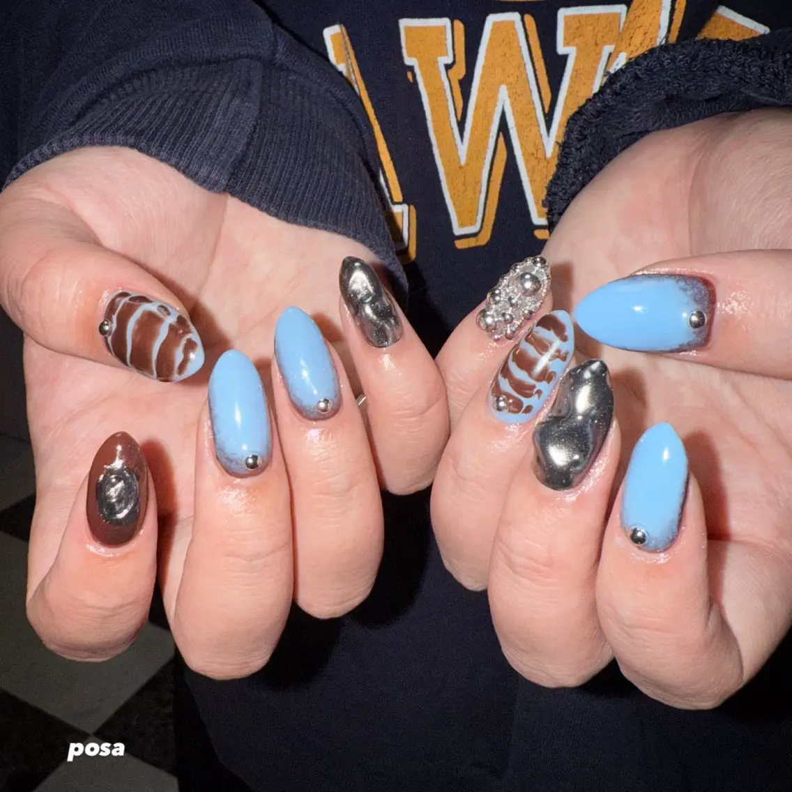 ネイル ブラウン 水色 持ち込み シンプルネイル ハンドネイル posa nail モエミのネイルデザイン